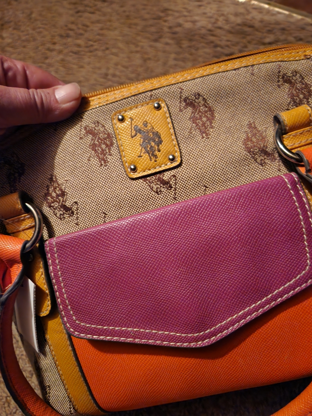 U.S. Polo Assn. Beige Canvas Satchel with Orange and Purple Accents - Picture 3 of 6